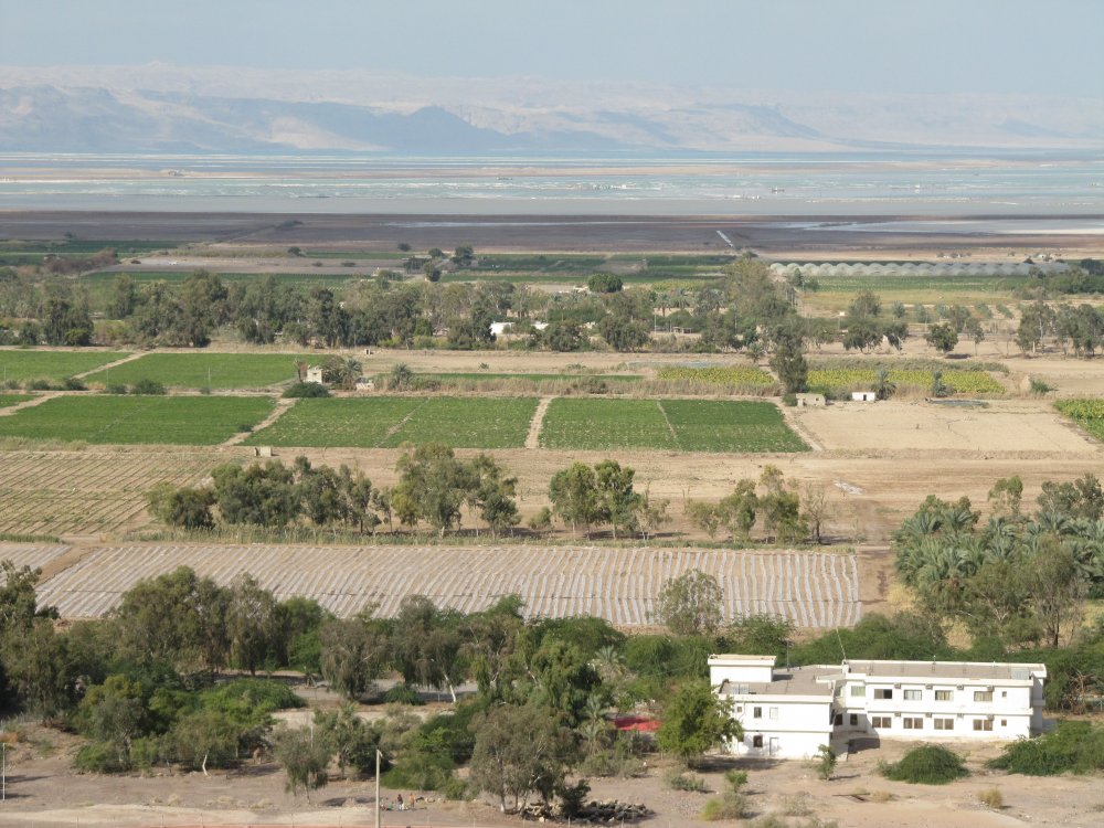 View over Ghor al-Safi agricultural lands with the salt pans of the lower Dead Sea in the background.